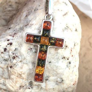 Baltic Amber .925 Cross Pendant Multicolor Sterling Silver Genuine Gemstones